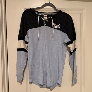 PINK Victoria's Secret Black and Light Blue Crew Neck Sweater